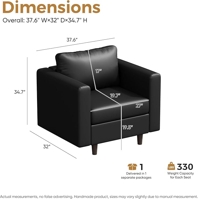 Faux Leather Oversized Accent Chair with Storage Deep Seat Single Sofa Large Reading Armchair for Living Room Bedroom Office Black Set of 2