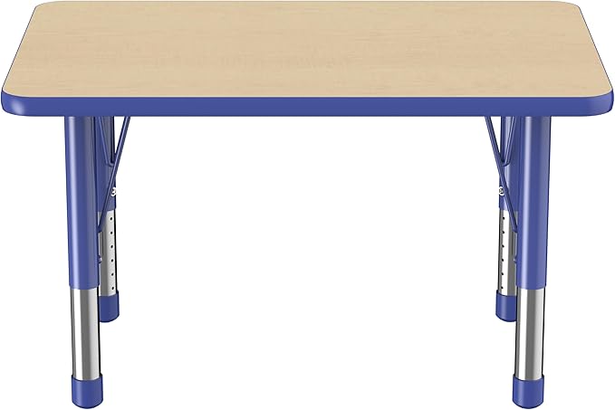 FDP Rectangle Activity School and Classroom Kids Table (24 x 36 inch), Chunky Toddler Leg, Adjustable Height 15-24 inches - Maple Top and Blue Edge
