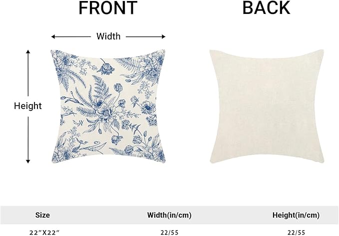 CXMEIFLY Spring Floral Leaves Pillow Covers 22 x 22 Inch Set of 2 for Chinoiserie Flowers Decor Throw Pillows Blue and White Seasonal Plant Outdoor Decorative Cushion Cases for Couch Bed Decorations
