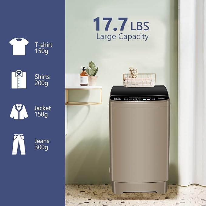 Full Automatic Washing Machine with LED Display, 17.7 lbs Portable Washer Drain Pump, 10 Programs & 8 Water Levels Selections, Ideal for RV, Camping, Apartment, Dorm, Gold