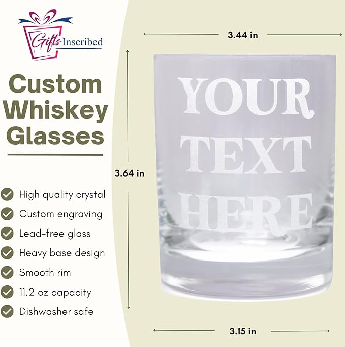 Gifts Inscribed Custom Text Whiskey Decanter & Glasses Set of 2 – Engraved Glass Cups Drinking Glasses Set of 2 – Personalized Whiskey Glasses Drinking Set – Customized Whisky Glassware Gift for Him