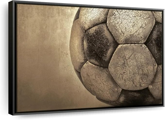 Elephant Stock Worn Soccer Ball Wall Art - Horizontal Framed Canvas - 1-Piece Living Room Wall Decor - Photography sports Canvas Print - Brown and Gray Decor for Wall - 13" X 9"