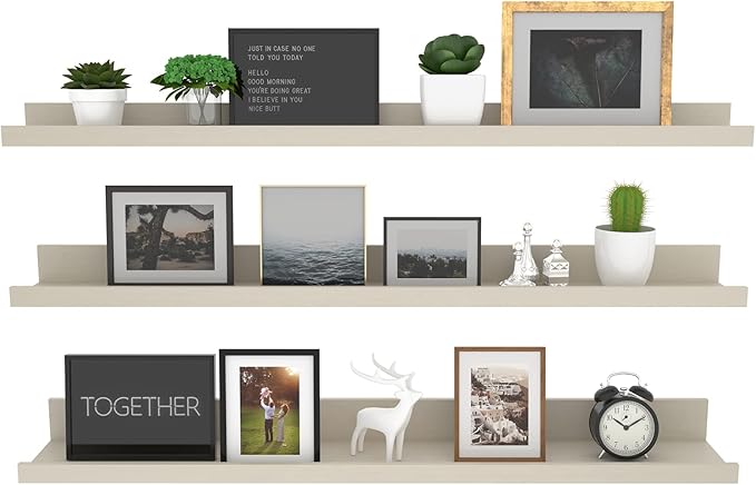 Giftgarden 36 Inch Floating Wall Shelves Creamy White Beige Wood-Grain, Large Picture Ledge Long Wooden Shelfs for Bedroom Living Room Kitchen Bathroom Nursery Office, Set of 3 Different Sizes