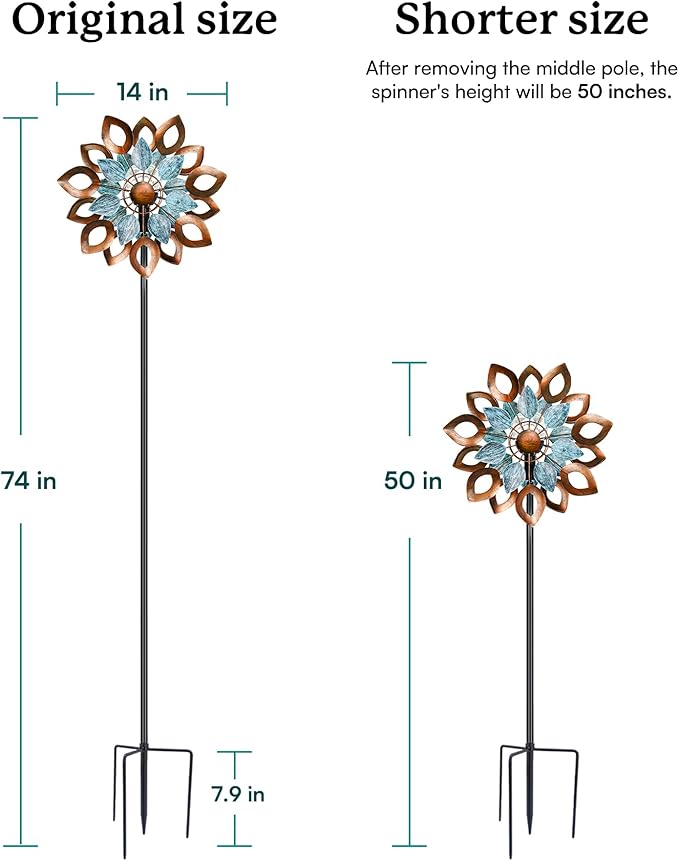 Copper Wind Spinners Outdoor 74 Inches with Solar LED Light, Kinetic Dual Wind Sculptures & Spinners for Yard Lawn Garden Decor, Large Metal Clearance Windmill with Bronze Leaf
