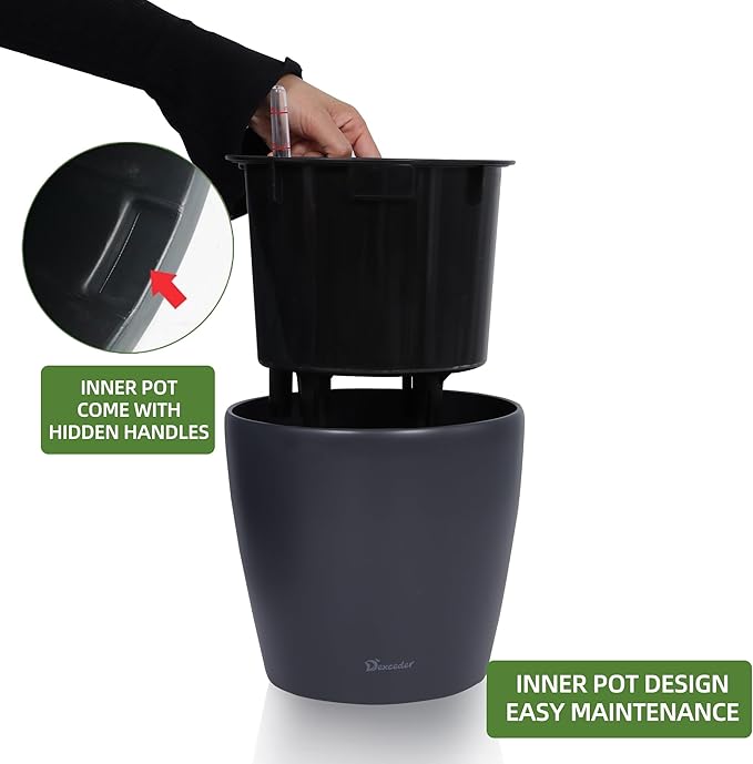 Dexceder 9x8 Inches Self Watering Planter Indoor Outdoor, Inner Pot Design, Thickened Table Flower Plant Pot with Water Level Indicator (Slate Gray Matte)