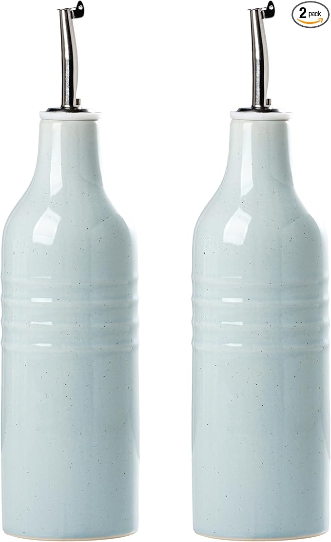 famiware Jupiter 16oz Ceramic Olive Oil Dispenser Bottle, Olive Oil and Vinegar Dispenser Bottle Set of 2 with Stainless Steel Pourers, Suitable for Storage Vinegar, Liquids, Light Blue