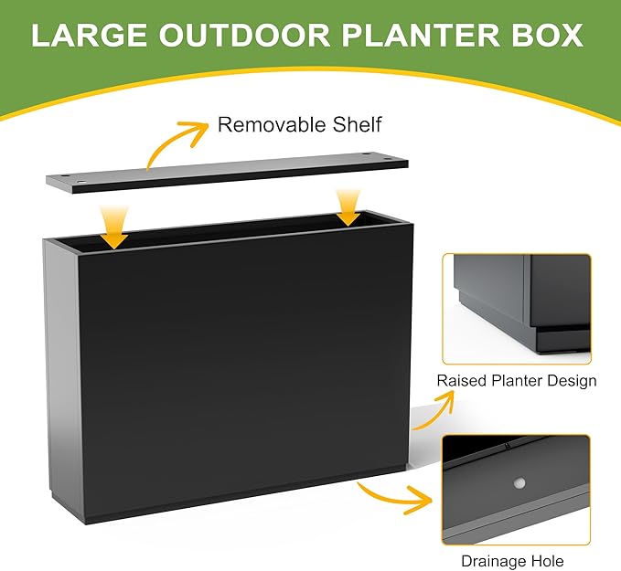 FENCY Metal Rectangular Planter Box Large Planters for Outdoor Plants, Rectangular Tall Planters for Outdoor Plants with Drainage Holes (35.4" L x 9" W x 25.6" H)
