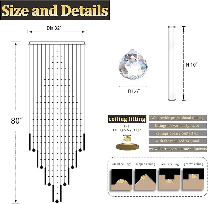 D32 x H79'' Modern Crystal Raindrop Gold Chandelier Lighting for Entrance, Stairs, Doorway, Crystal Ornament Chandelier Can be Used on Slopin
