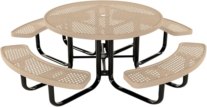 Coated Outdoor Furniture Heavy-Duty Portable Outdoor Kids Table with Umbrella Hole, Punched Steel Kids Picnic Table, Commercial-Grade, Made in America (46 In, Round, Childrens, Tan)
