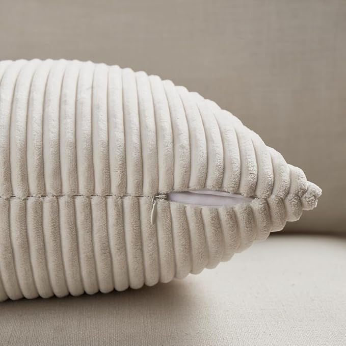 Fancy Homi 2 Packs Cream Lumbar Decorative Throw Pillow Covers 20x28 Inch for Living Room Couch Bed Sofa, Rustic Farmhouse Boho Home Decor, Soft Striped Corduroy Rectangle Accent Cushion Case 50x70 cm