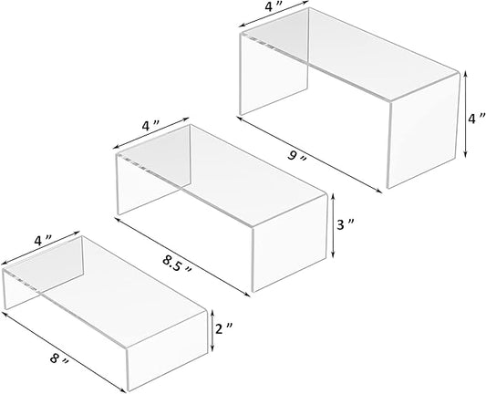 Clear Riser Shelf 3pcs, Desktop Rectangular Acrylic Display Shelves Organizer, Acrylic Stands for Funko Pop Figure, Perfumes, Bags, Shoes, Glasses, Plants, Toys, Collectibles - 8''x8.5''x9''