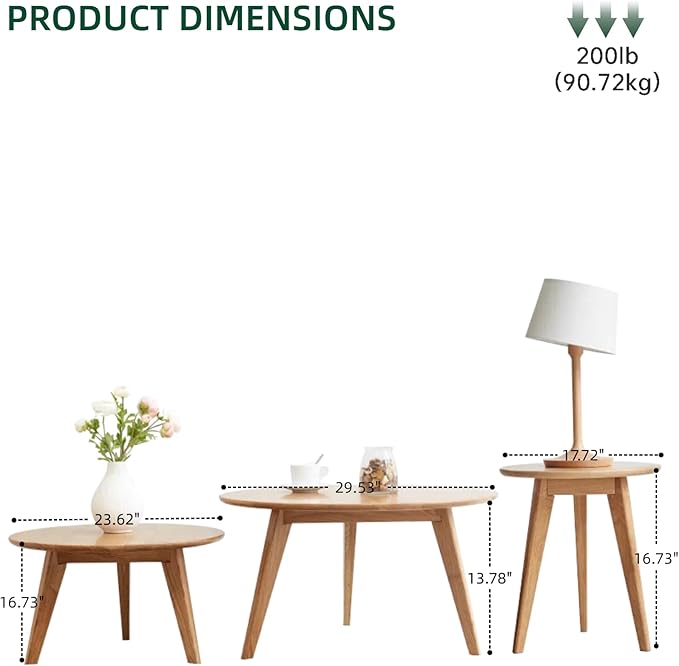 100% Solid Oak Wood Coffee Table Set, Round Coffee Table Combo Side Table w/Solid Wood Legs, Mid Century Table Sturdy Tables for Bedroom Balcony Living Room (Natural, 3 Pieces)