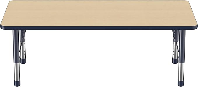 FDP Rectangle Activity School and Classroom Kids Table (30 x 60 inch), Toddler Legs, Adjustable Height 15-24 inches - Maple Top and Navy Edge