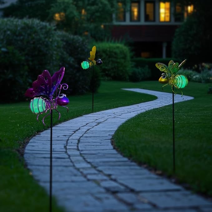 Garden Decor for Outside,3 Pcs Luminous Insect Garden Decorative Stakes,Glow in The Dark Bee Lights Metal Yard Art,Waterproof Outdoor Spring Lawn Patio Pathway Decoration for Mom,Women,Grandma