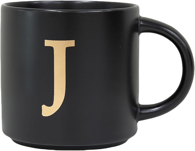 COLLECTIVE HOME - Monogram Ceramic Mugs, 15 oz Golden Initial Black Coffee Cups, Elegant Alphabet Tea Mugs, Elegant Personalized Mug with Gift Box, Unique Mug with Double Side Capital Lette (J)