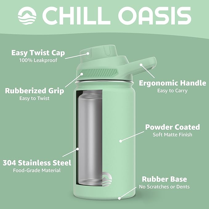 Chill Oasis Water Bottle | Compatible With Popular Flavor Cartridges | BPA Free, Leak Proof, Double-Walled Vacuum Insulated Stainless Steel, and Dishwasher Safe | Cold for 24 Hours (Sage, 12oz)