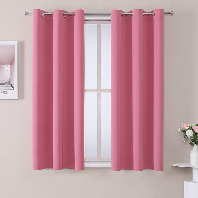 ChrisDowa Small Window Curtains 40 inches Long for Bedroom - Grommet Short Thermal Insulated Room Darkening Curtains for Kitchen (2 Panels, Pink, 29 x 40 Inch)