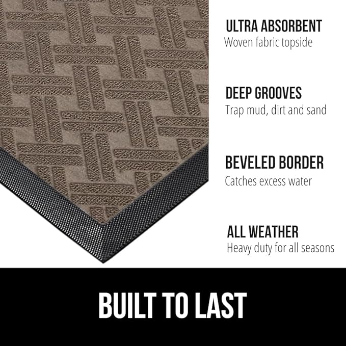 GORILLA GRIP 100% Waterproof All-Season WeatherMax Doormat, US Designed Natural Rubber, Stain and Fade Resistant, Low Profile Indoor Outdoor Door Mats, Easy Clean Patio Mat, 17x29, Taupe Basket Weave