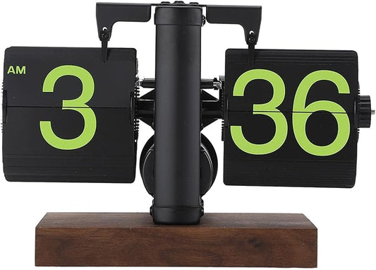 Flip Desk Clock, Retro Vintage Flip Desk Table Clock, Digital Sided Large Numbers Mechanical Flip Clock Wood Base for Living Room, Study Room and Office（Frosted Black）