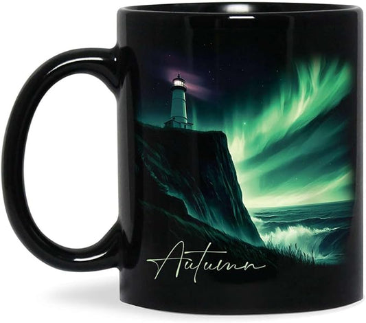 Customized Name Black Coffee Mug, Personalized Beautiful Northern Lights And Lighthouse Mug, Custom Mystical Ocean View Ceramic Cup, Gift For Women Men, Nature Themed Mug 11oz 15oz
