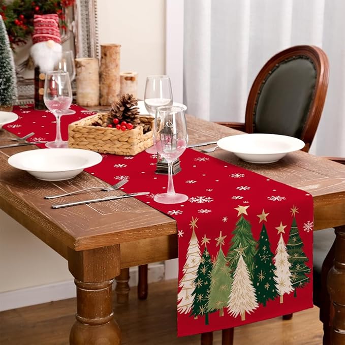 GEEORY Christmas Table Runner 13x108 Inch, Xmas Trees Snowflakes Holiday Decorative Farmhouse Table Decoration for Kitchen Dinning, Indoor Outdoor Dinner Party Decor (Red) GT150-108