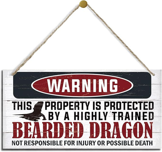 Funny Warning Signs, The Property is Protected By Highly Trained Bearded Dragon Sign, Decorative Wood Hanging Wood Plaque, Warning Wood Sign for Indoor Outdoor Use, Door Gate Hanger, House Decor