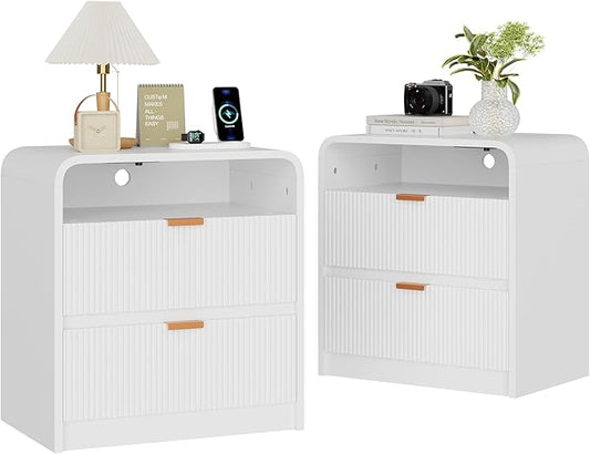 FURSUN 24" Fluted Nightstand Set of 2 with Charging Station, Wooden End Table with 2 Drawers Storage, Curved Profile Design, Modern Bedside Cabinet for Bedroom Living Room, White