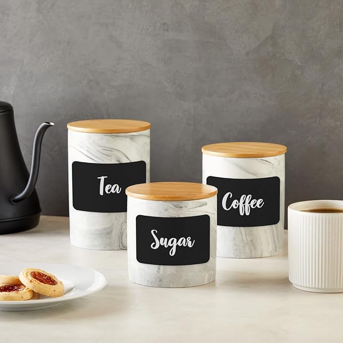 Farmlyn Creek Sugar & Coffee Container Set 3-Piece - White Marble Finish Ceramic Jar Set - Airtight Wood Lids - Ceramic Containers with Lids for Countertop Storage (5.9"/4.9"/3.9)