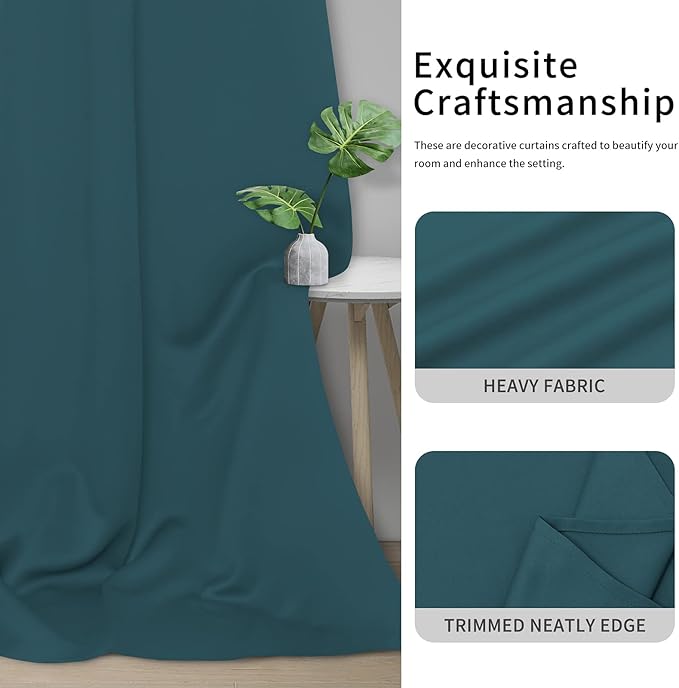 Easy-Going Blackout Curtains for Bedroom, Solid Thermal Insulated Grommet and Noise Reduction Window Drapes, Room Darkening Curtains for Living Room, 2 Panels(42x72 in, Peacock Blue)