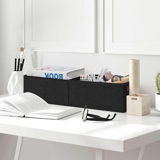 GhvyenntteS Small Fabric Storage Bins 6 Pack, 11.8" x 7.87" x 5.11" Storage Basket with Leather Handles, Closet Storage Bins for Shelves, Storage Baskets for Shelves, DVD Storage (Black)