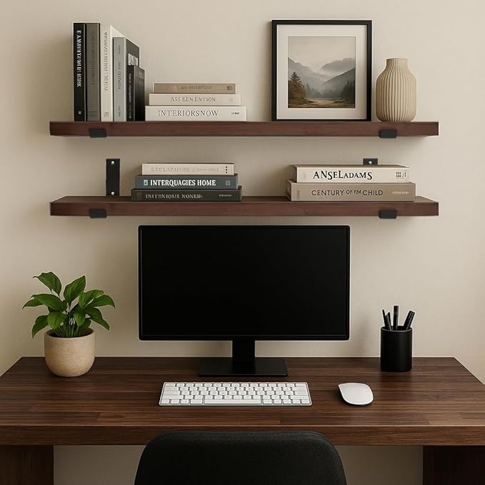 CONSDAN Floating Shelves for Wall Mounted Book Shelf Hanging Shelves Floating Bookshelf for Bedroom, Bathroom, Living Room, Kitchen USA Grown Solid Hardwood, Dark Maple 16x7.5x1.5 in (Set of 2)