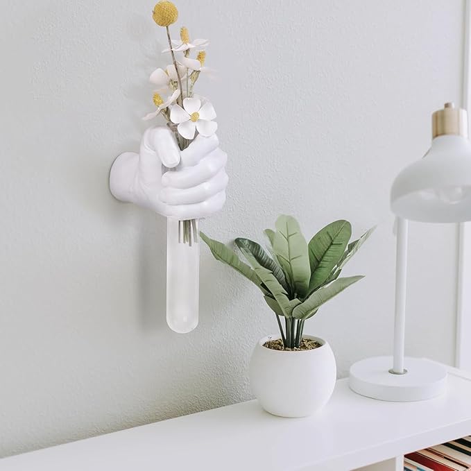 Creative Wall Hanging Sculpture, Funky White Hand Vases Home Decor, Artistic Hanging Hand Sculptures with Test Tube Vases, Unique Wall Art Statue