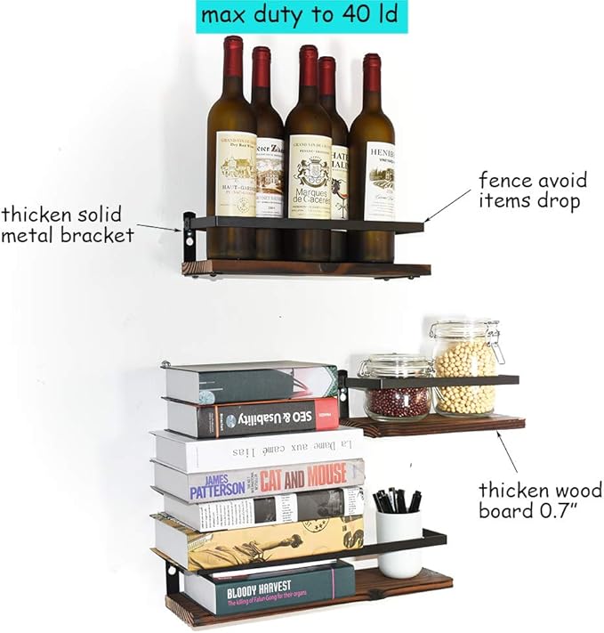Floating Shelves Rustic Wood Wall Mounted Shelf Practical Metal Fence Design Ideal for Bedroom, Bathroom, Kitchen Set of 3(Brown)