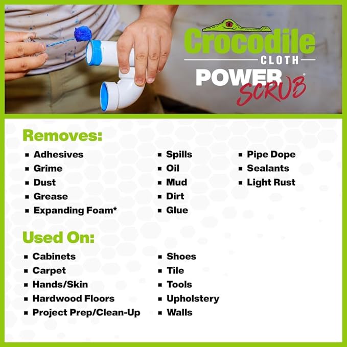 Crocodile Cloth PowerSCRUB Cleaning Wipes – 10 (15" x 10") Dual-Surface Cloths, Heavy-Duty, Moist, Absorbent, & Disposable - Safe on Skin & Multiple Surfaces