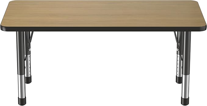 Factory Direct Partners FDP Rectangle (24 x 48 inch) Classroom Table with Adjustable Chunky Toddler Legs (15-24 in); Preschool, Kinder and Daycare Furniture - Pasadena Oak Top/Black Edge and Legs