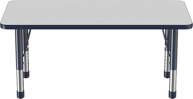 FDP Rectangle Activity School and Kids Classroom Table (24 x 48 inch), Toddler Legs, Adjustable Height 15-24 inches - Gray Top and Navy Edge