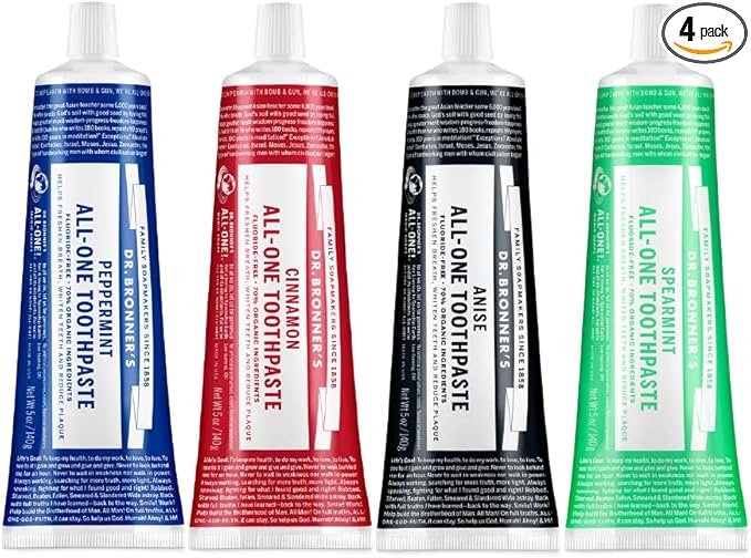 Dr. Bronner’s All-One Toothpaste 4-Pack Variety– (Peppermint, Spearmint, Cinnamon, Anise, 5oz Each)– 70% Organic Ingridients, SLS Free Toothpaste, Fluoride Free, Natural, Vegan, for Sensitive Teeth