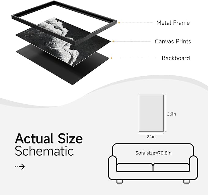 Framed Black and White Abstract Beach Canvas Wall Art, Modern Minimalist Art Prints Paintings Artwork for Walls, Ocean Wave Pictures for Living Room Dining Room Bedroom Bathroom Wall Decor 24x36 In