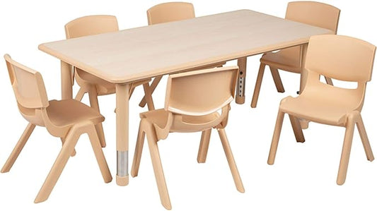 Flash Furniture Emmy Adjustable Classroom Activity Table with 6 Stackable Chairs, Plastic Activity Table for Kids, 23.625" W x 47.25" L, Natural