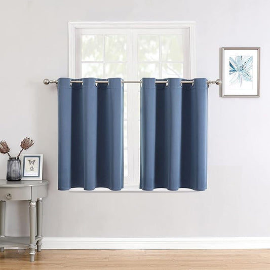 ChrisDowa Small Window Curtains for Kitchen and Bedroom - Grommet Short Thermal Insulated Room Darkening Curtains (2 Panels, Stone Blue, 42 x 36 Inch)