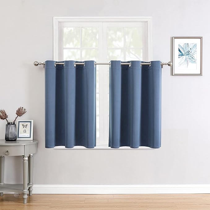 ChrisDowa Small Window Curtains for Kitchen and Bedroom - Grommet Short Thermal Insulated Room Darkening Curtains (2 Panels, Stone Blue, 34 x 36 Inch)