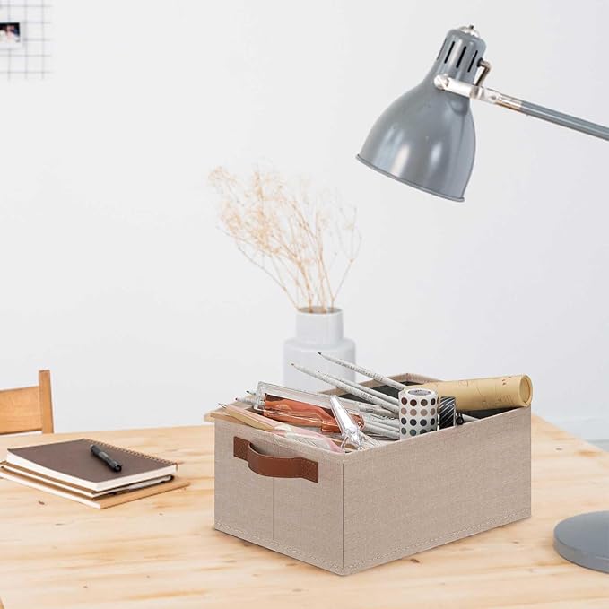 GhvyenntteS Small Fabric Storage Bins 12 Pack, 11.8" x 7.87" x 5.11" Storage Basket with Leather Handles, Closet Storage Bins for Shelves, Storage Baskets for Shelves, DVD Storage (Beige Yellow)