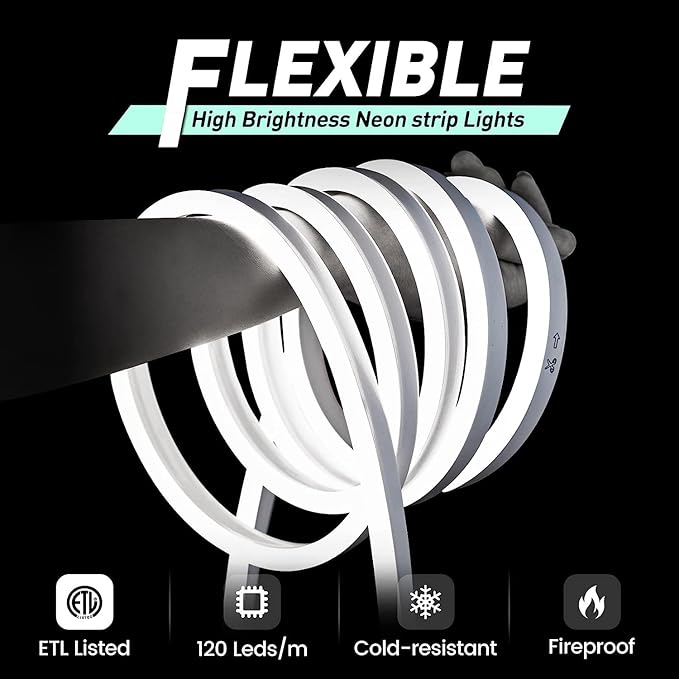 GZBtech Flexible LED Neon Rope Lights 132FT,AC 110-120V Waterproof Strip Light, 120 LEDs/M Cuttable Connectable Neon Lighting for Indoor Outdoor Home Decor/Commercial Building Use-Cold White 40M