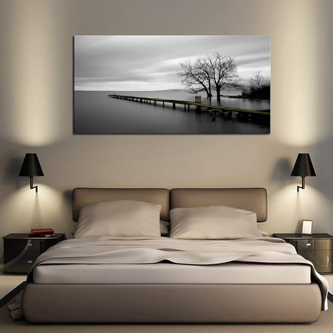 DZL Art S74950 Gray Canvas Prints Modern Minimalist Black and White Lake Trees Landscape Wall Art Painting for Living Room Bedroom Decor Office Wall Decor Home Decoration