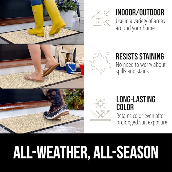 GORILLA GRIP 100% Waterproof All-Season WeatherMax Doormat 35x23, US Designed Natural Rubber, Stain and Fade Resistant, Low Profile Indoor Outdoor Door Mats, Easy Clean Patio Mat, Modern Latte