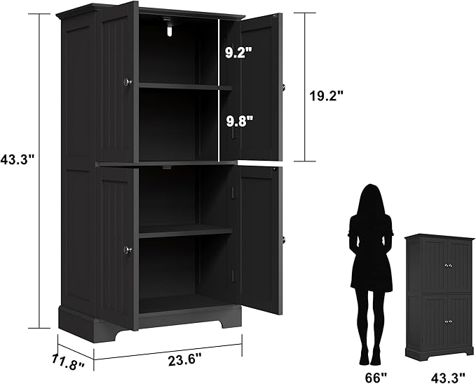 ChooChoo Bathroom Floor Cabinet, Modern Bathroom Storage Cabinet with 4 Doors and Adjustable Shelves, Freestanding Cupboard for Living Room, Black