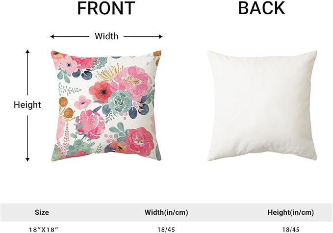 CXMEIFLY Spring Floral Pillow Covers 18 x 18 Inch Set of 2 for Watercolor Pink Flowers Decor Throw Pillows Green Leaves Plant Outdoor Decorative Cushion Cases with Zipper for Couch Bed Decorations