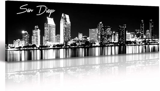 DJSYLIFE San Diego Skyline Wall Art Black and White Night View USA Cityscape California Pictures Artwork Painting Poster for Bedroom Office Decoration Stretch Framed Ready to Hang 13.8"x47.3"