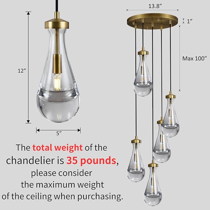 Gold 5 Light Cluster Pendant Lighting, Raindrop Chandeliers Brass Dining Room Lights Fixture, Teardrop Pendant Lights Kitchen Island, Hanging Lamp Ceiling for Entryway Foyer Staircase