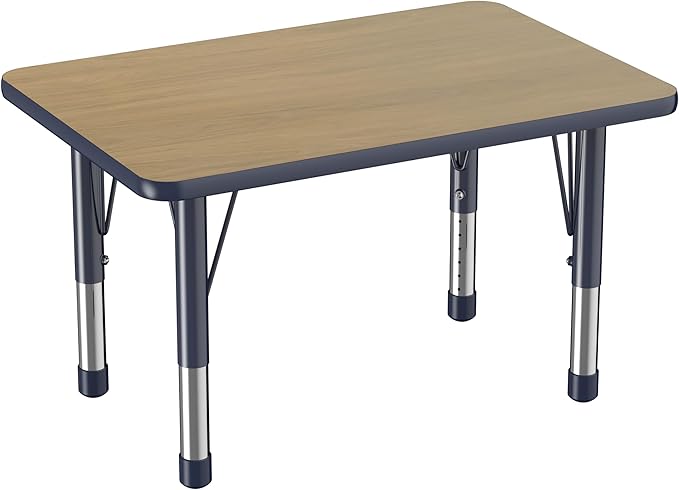 FDP Rectangle (24 x 36 inch) Classroom Table with Adjustable Chunky Toddler Legs (15-24 in); Preschool, Kinder and Daycare Furniture - Pasadena Oak Top/Navy Edge and Legs
